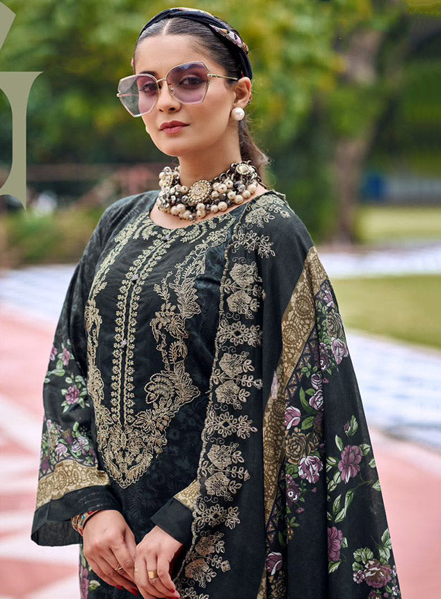 Cotton Pakistani Suit Black Unstitched Material with Embroidery Patch