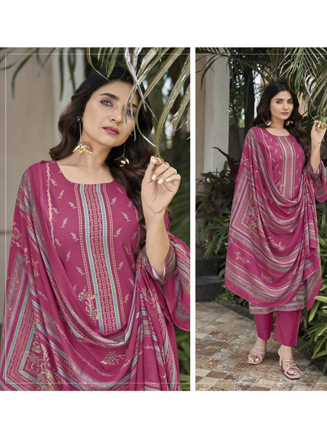 Pink Pashmina Unstitched Winter Salwar Suit Material with Muslin Dupatta