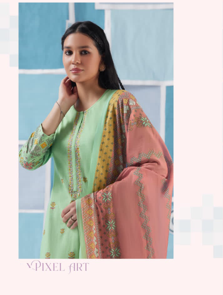 Unstitched Green Cotton Suit for Women with Embroidery S Nirukth