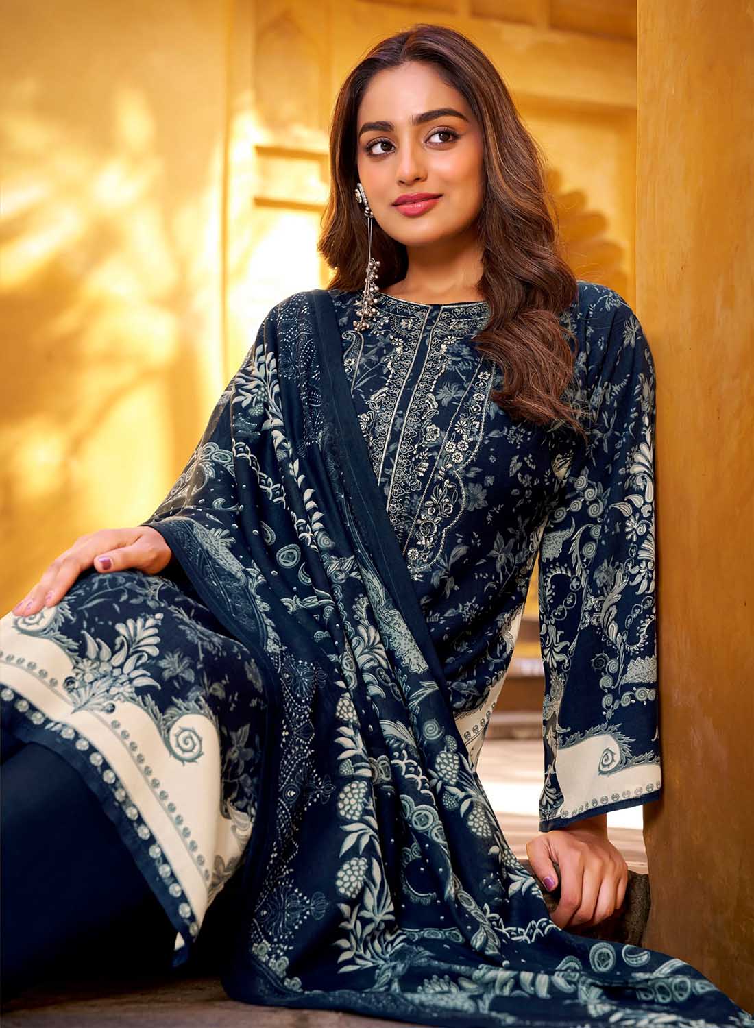 Dark Blue Pure Cotton Pakistani Print Unstitched Salwar Suit Dress Material