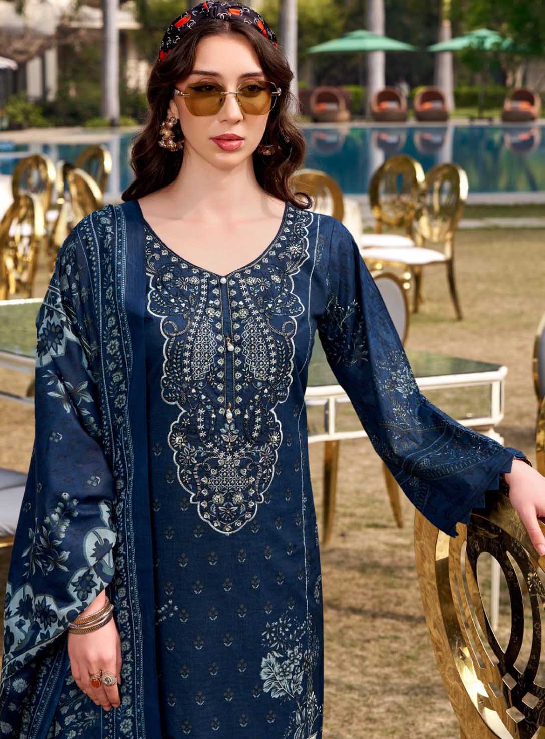 Pakistani Print Pure Cotton Blue Unstitched Suit Material with Embroidery