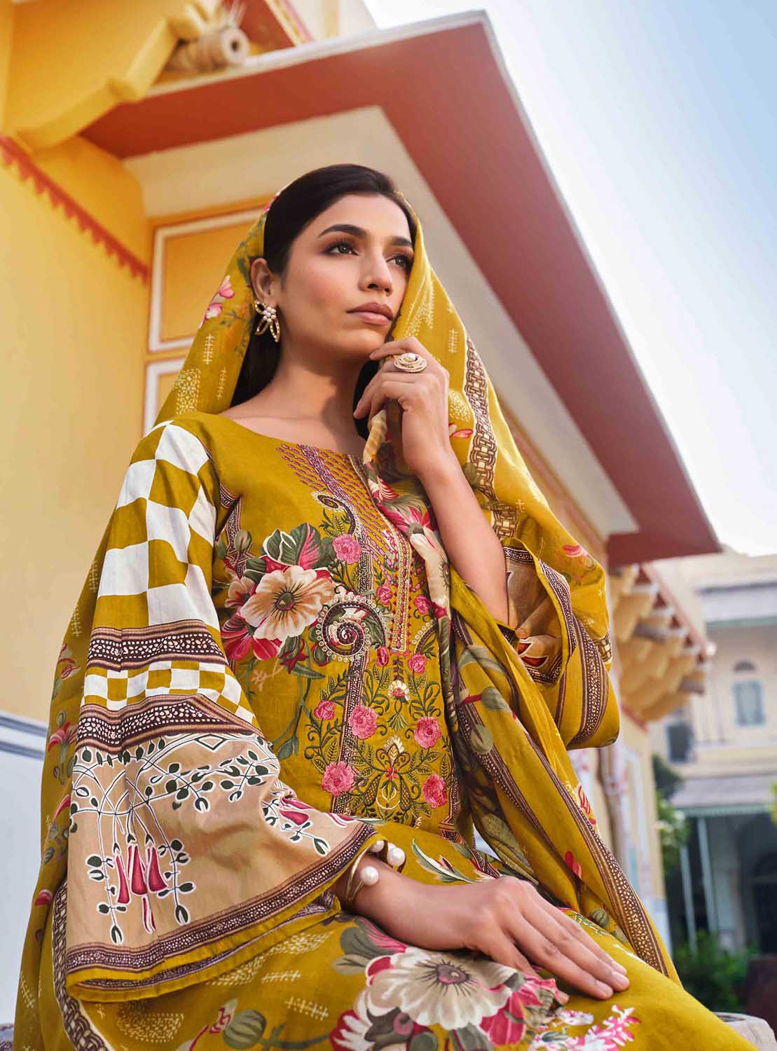 Belliza Pakistani Print Yellow Unstitched Women Cotton Suit Material Belliza