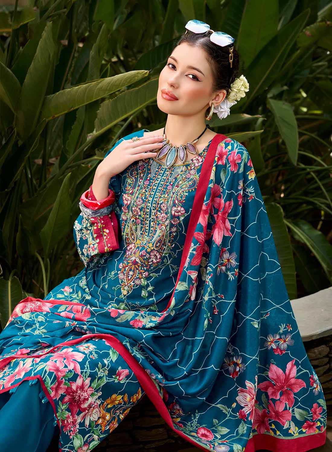 Pakistani Pure Cotton Unstitched Suit Dress Material with Embroidery Blue