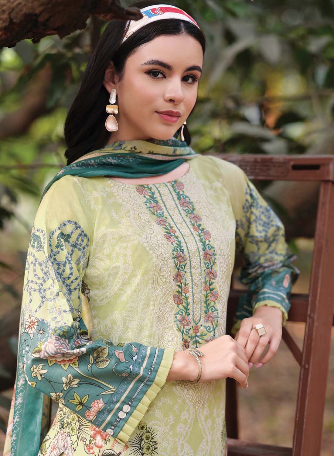 Pakistani Print Green Unstitched Pure Cotton Suit Material with Embroidery