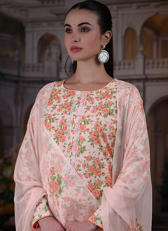 Light Orange Pure Cotton Unstitched Suit Material with Chiffon Dupatta