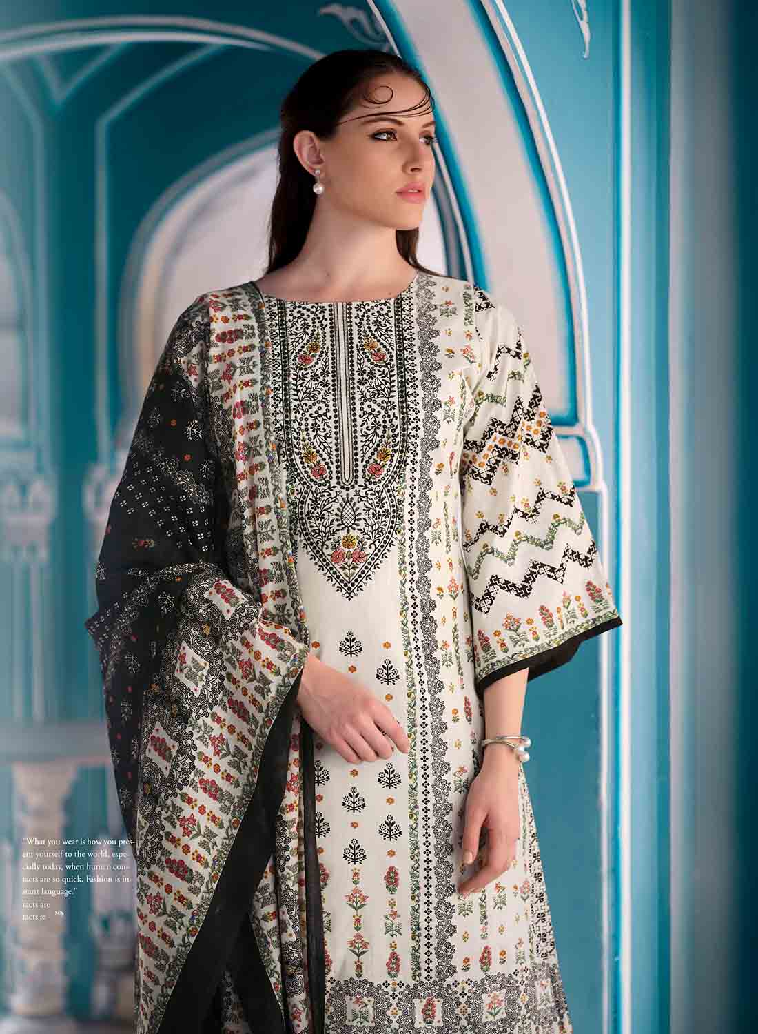 Women's White Pakistani Print Unstitched Cotton Salwar Suit Material