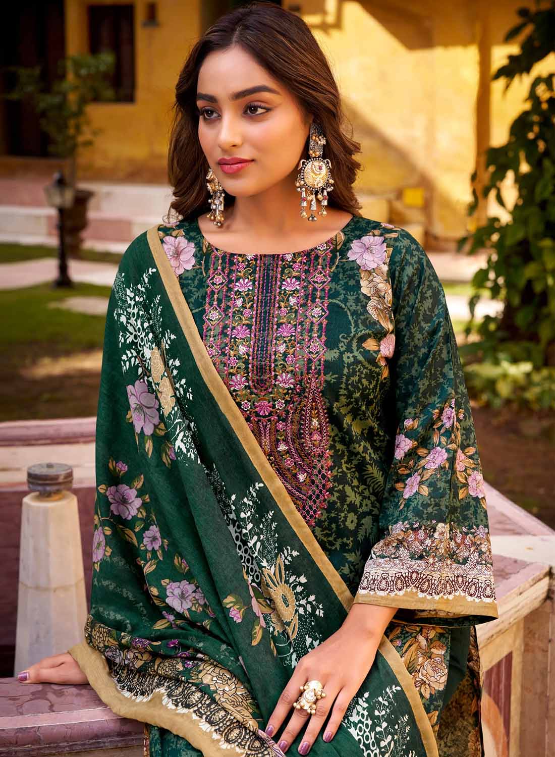 Green Pure Cotton Pakistani Print Unstitched Salwar Suit with Embroidery
