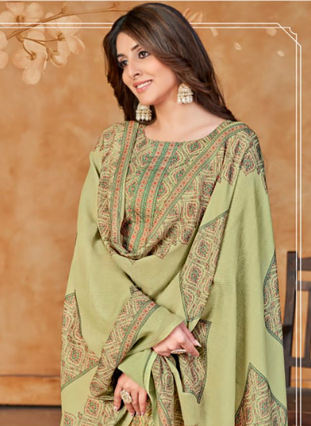 Rivaa Green Printed Pashmina Unstitched Winter Salwar Suit Dress Material Rivaa