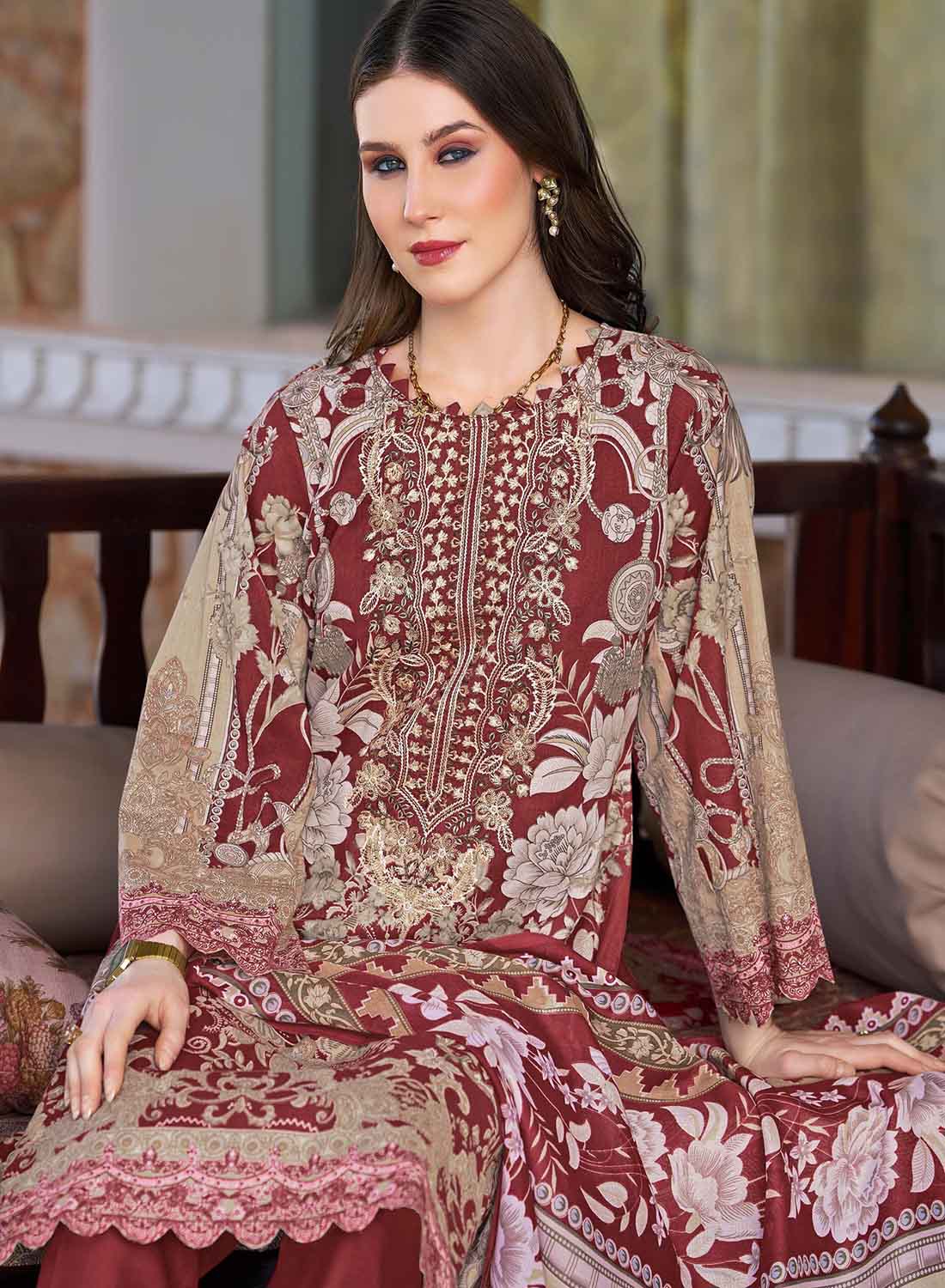Pakistani Print Unstitched Pure Cotton Salwar Suit Material with Embroidery