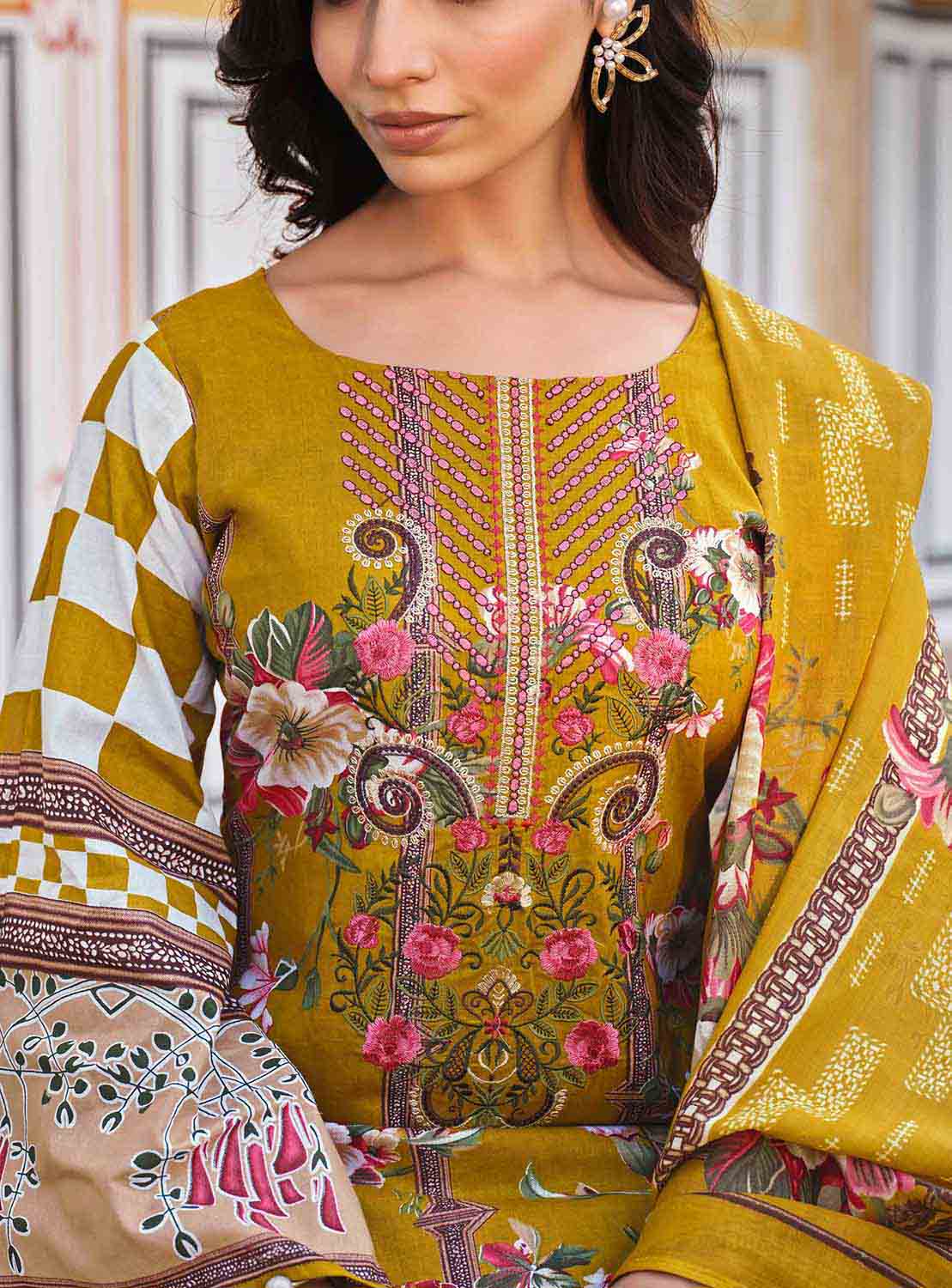 Belliza Pakistani Print Yellow Unstitched Women Cotton Suit Material Belliza