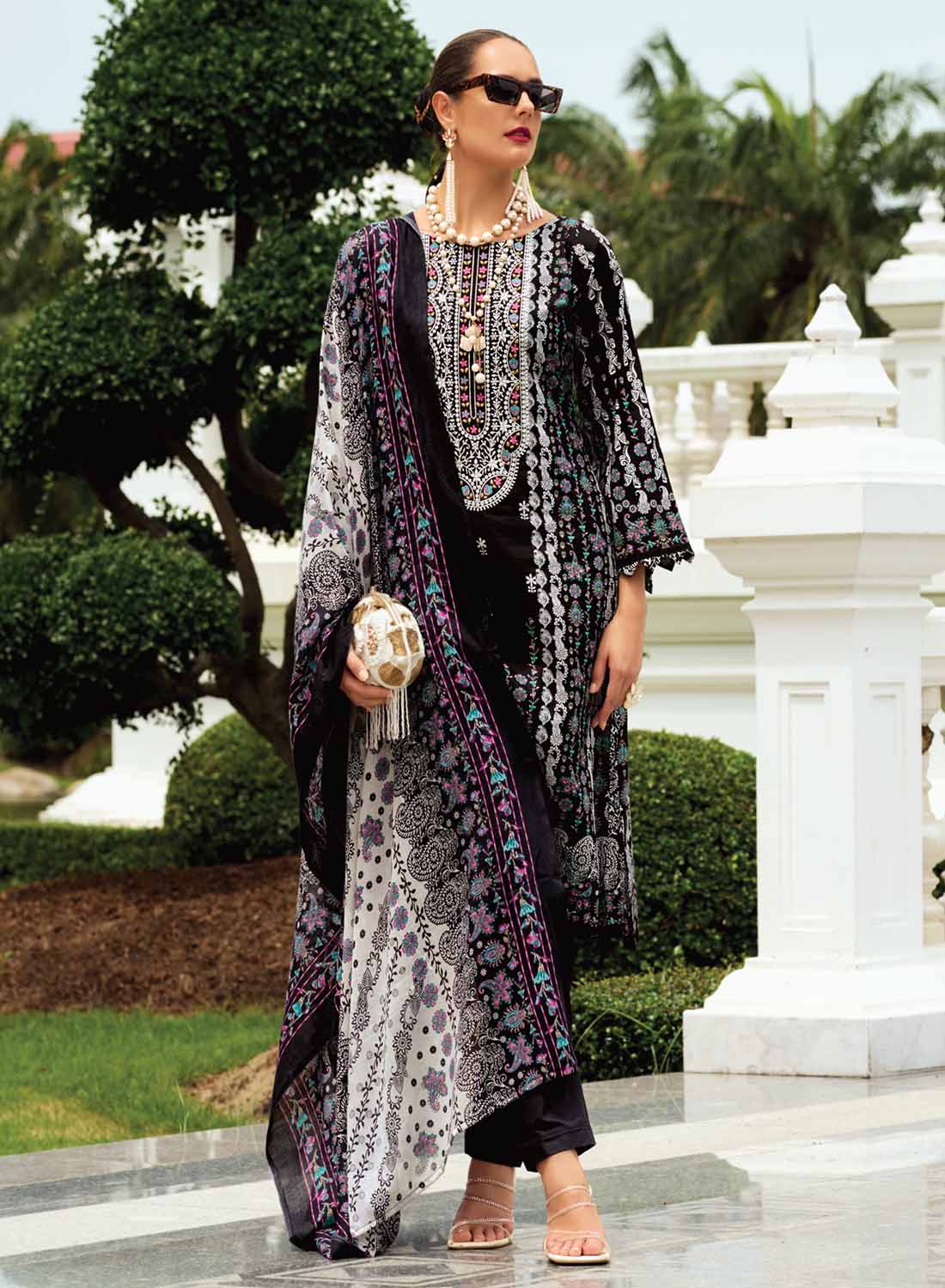 Pakistani Print Unstitched Pure Cotton Suit Material with Embroidery