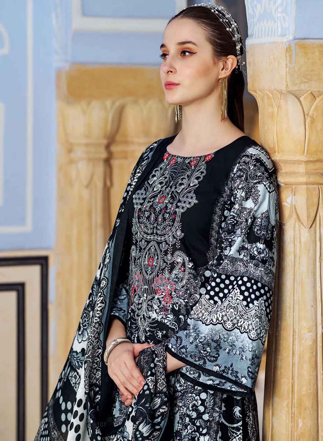 Women's Black Pakistani Print Unstitched Cotton Suit Set with Embroidery