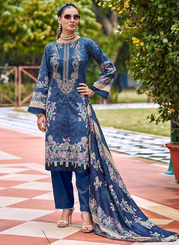 Pure Cotton Pakistani Suit Blue Unstitched Material with Embroidery Patch