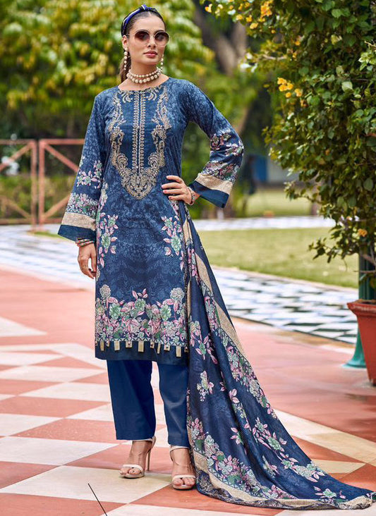 Pure Cotton Pakistani Suit Blue Unstitched Material with Embroidery Patch