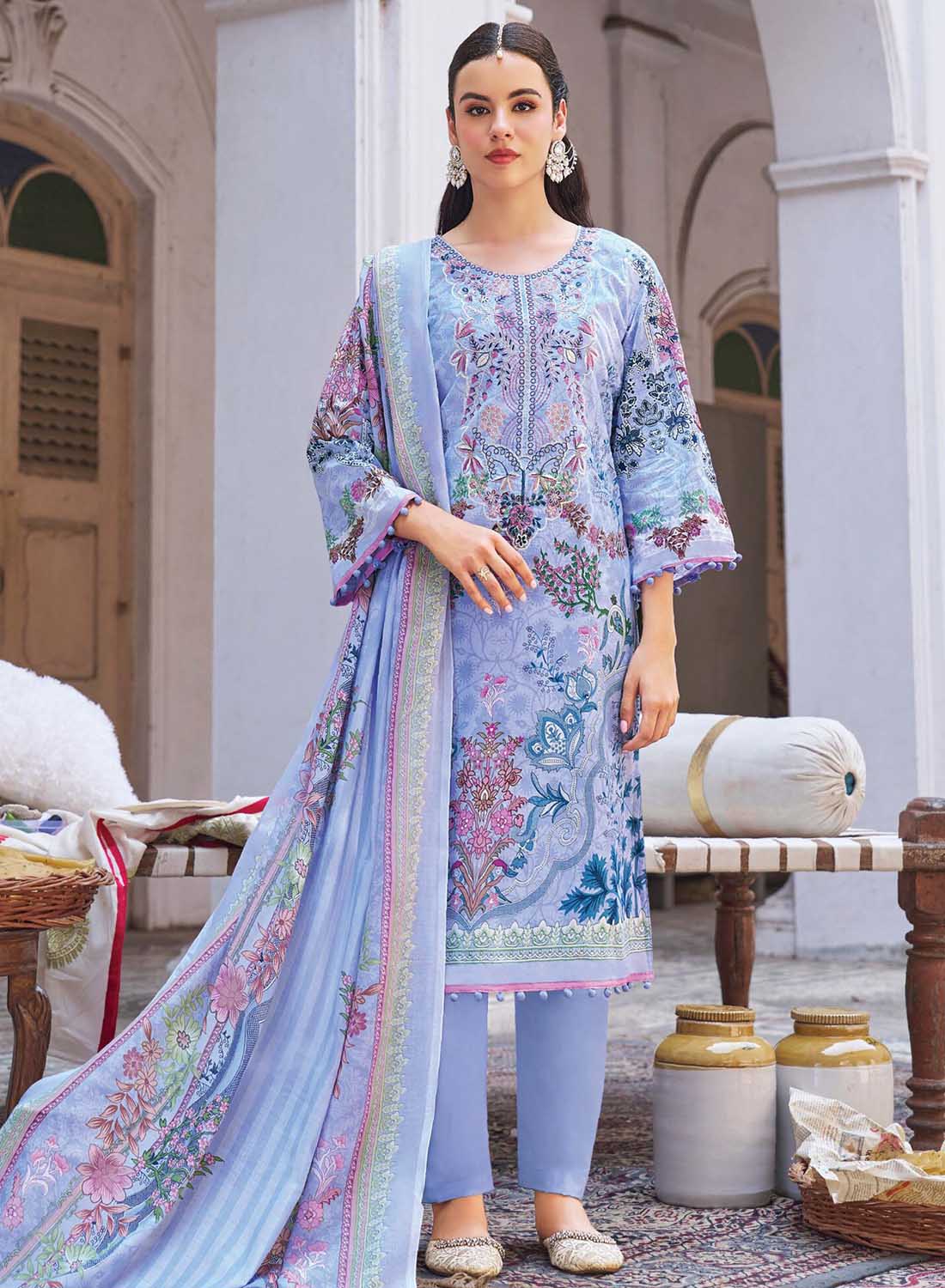 Pakistani Print Unstitched Pure Cotton Suit Material with Embroidery