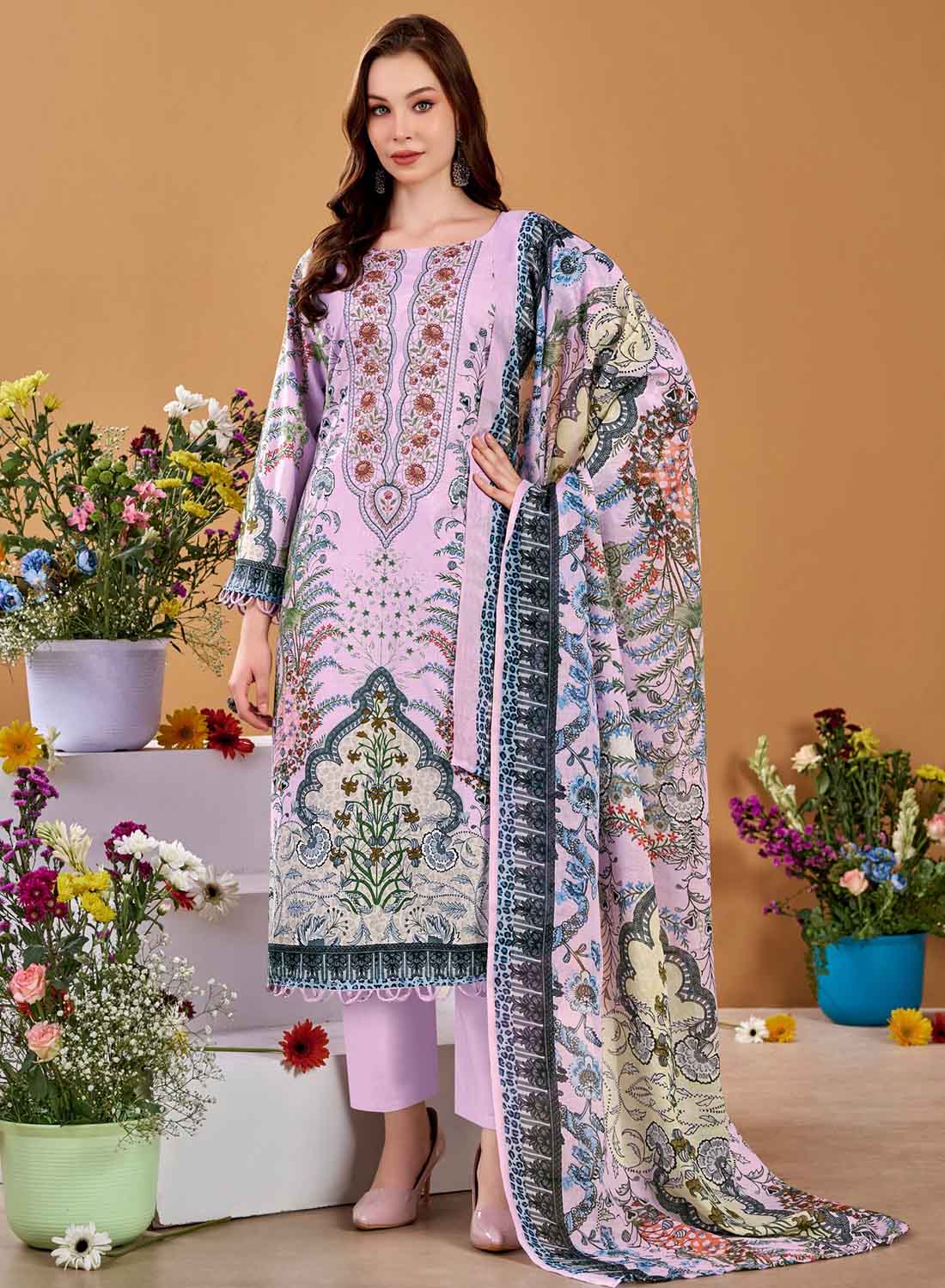 Pakistani Print Pink Unstitched Pure Cotton Suit Dress Material with Embroidery