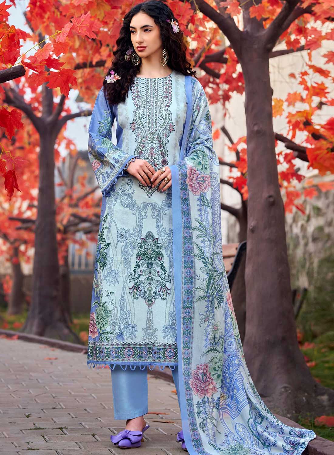 Pure Cotton Unstitched Pakistani Suit Dress Material with Embroidery Blue