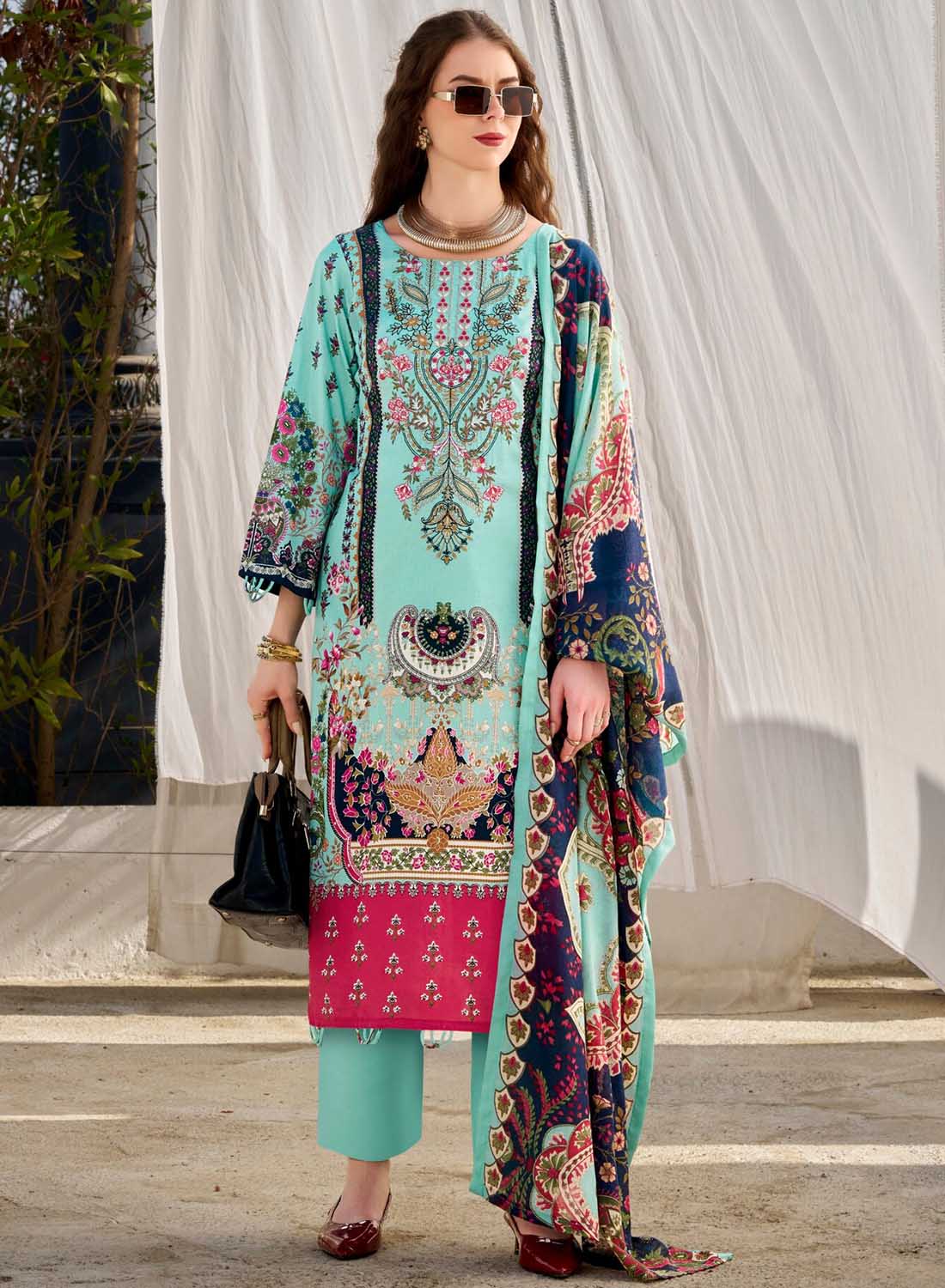 Pure Cotton Pakistani Print Unstitched Salwar Suit Material with Embroidery