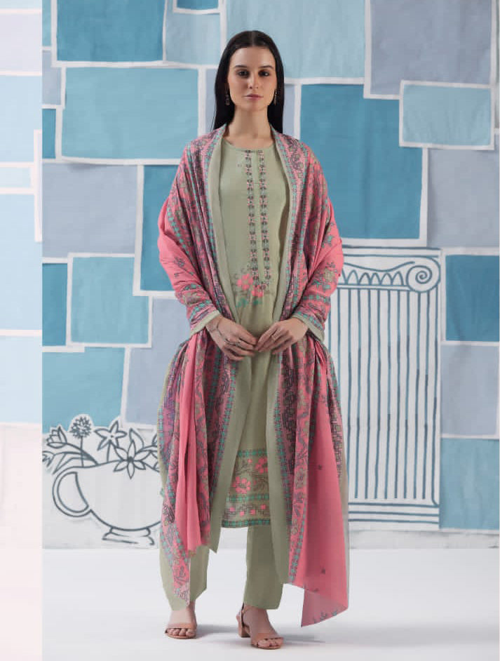 Unstitched Pista Green Cotton Suit for Women with Embroidery S Nirukth