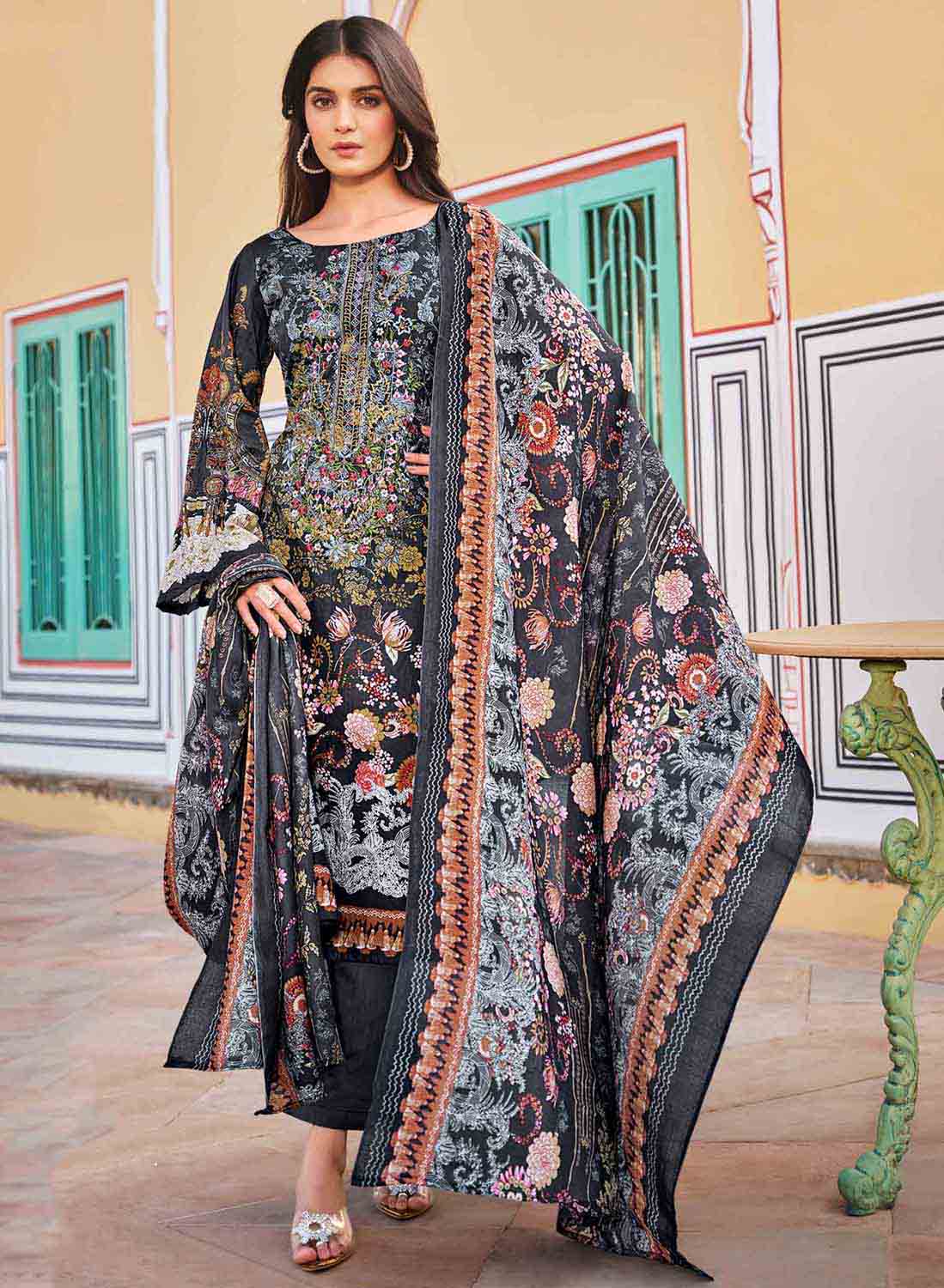 Belliza Pakistani Print Black Unstitched Women Cotton Suit Material Belliza