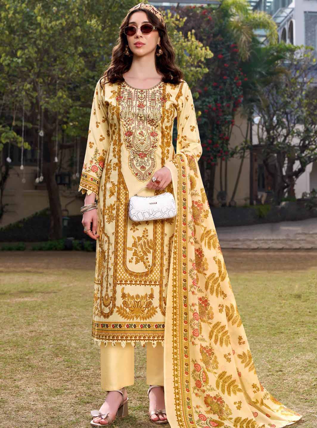 Pakistani Print Pure Cotton Beige Unstitched Suit Material with Embroidery