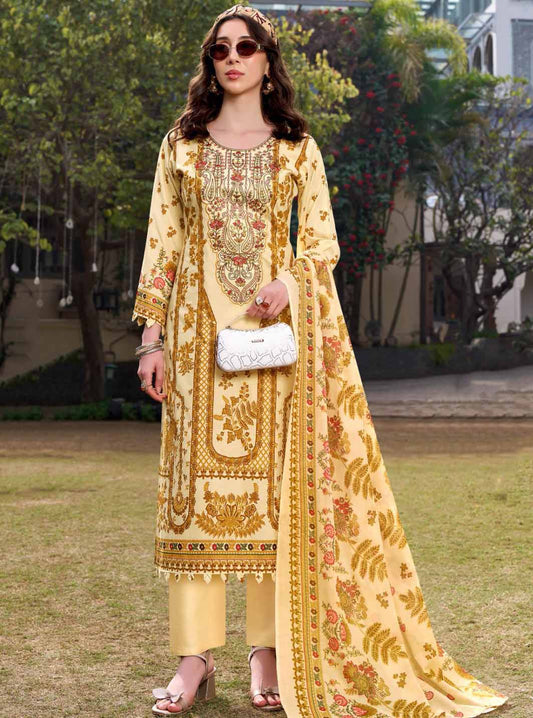 Pakistani Print Pure Cotton Beige Unstitched Suit Material with Embroidery