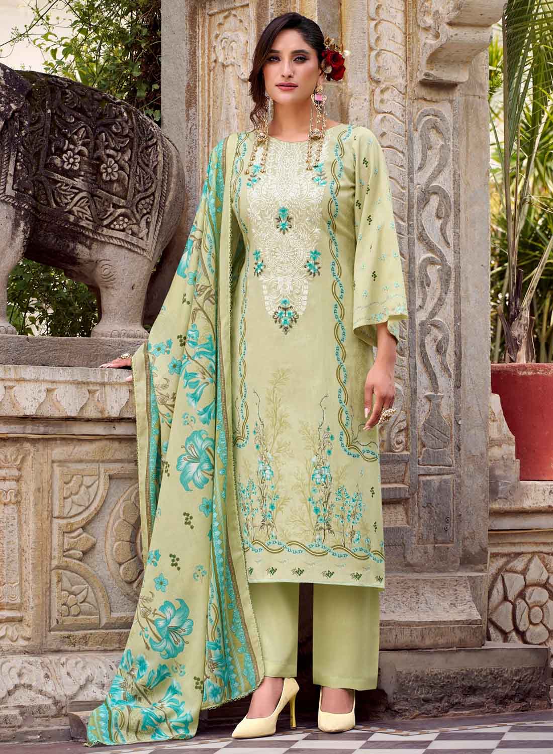 Green Pure Cotton Pakistani Print Unstitched Suit Set with Embroidery