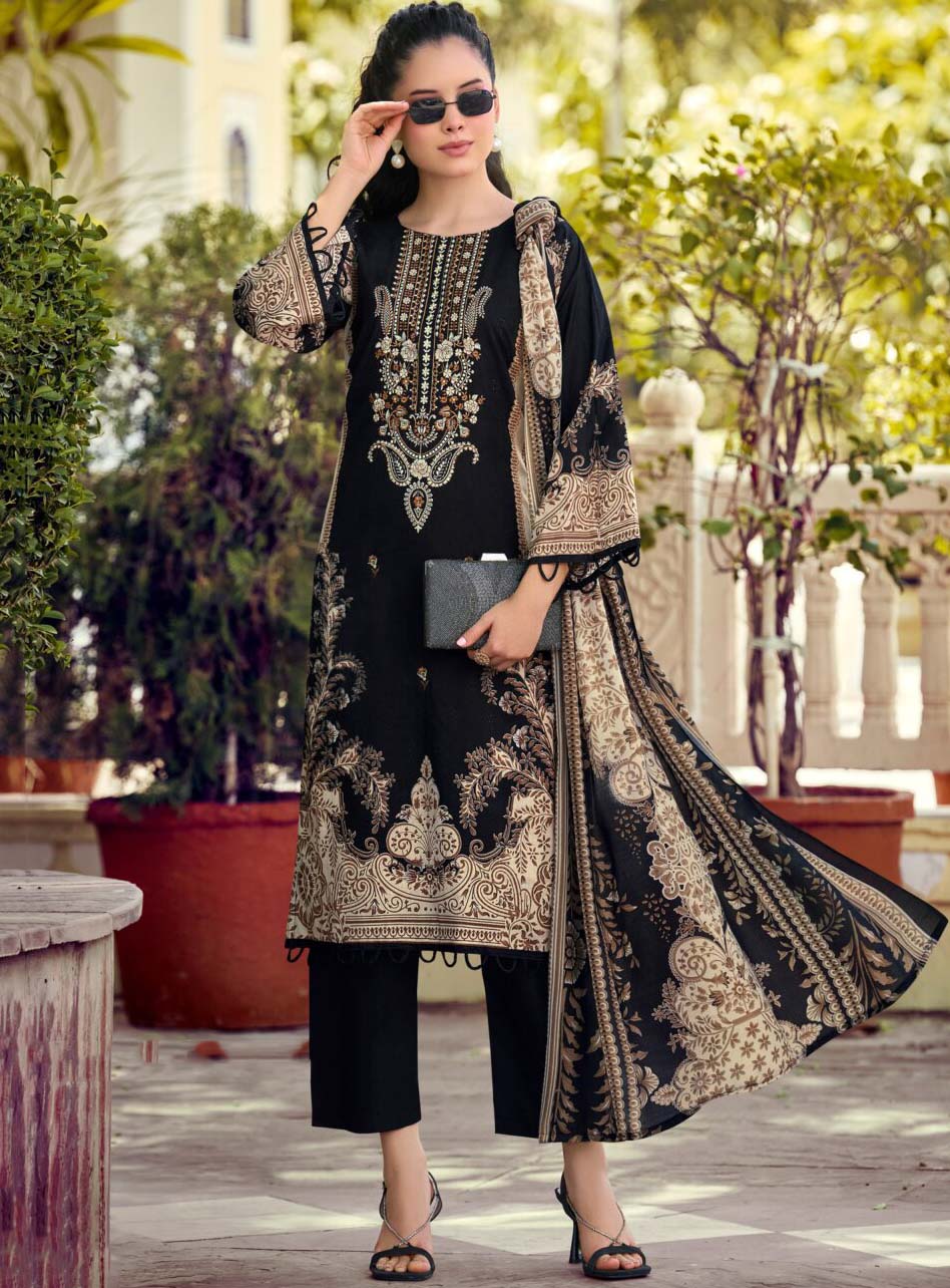Black Pure Cotton Pakistani Print Unstitched Suit Material with Embroidery