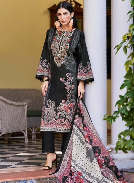 Pakistani Print Black Unstitched Pure Cotton Suit Set Material with Embroidery