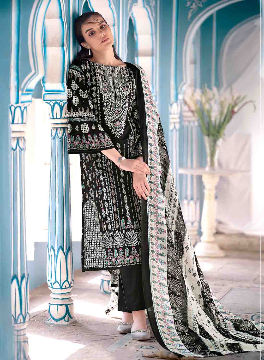 Women's Black Pakistani Print Unstitched Cotton Salwar Suit Material