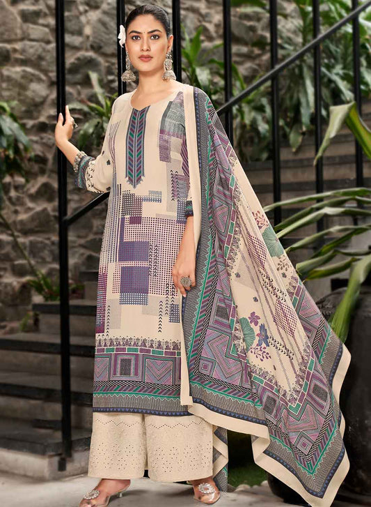 Beige Unstitched Pashmina Winter Woolen Suit Dress Material for Women