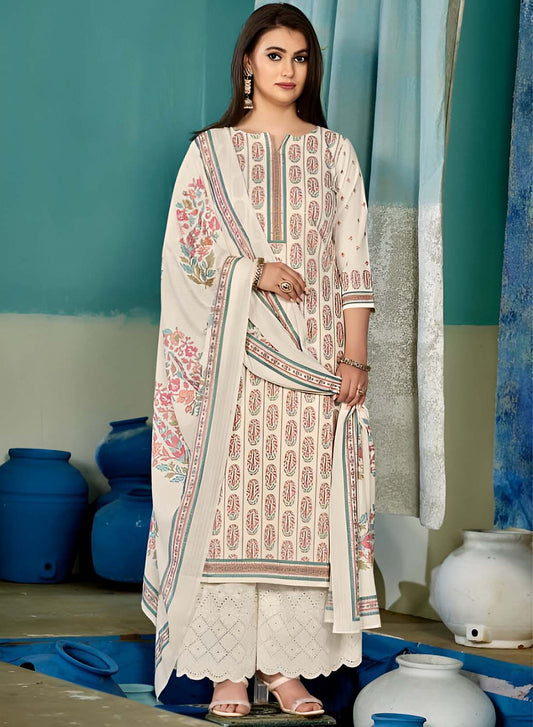 Rivaa Pure Cotton Printed Off-White Unstitched Suit Material for Women
