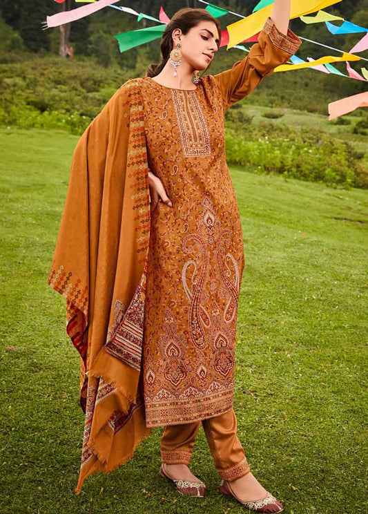Women's Pashmina Printed Jacquard Yellow Winter Suit Dress Material