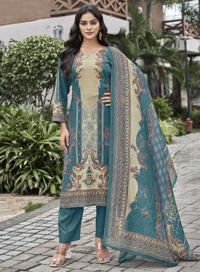 Teal Green Pashmina Unstitched Winter Suit Material with Muslin Dupatta