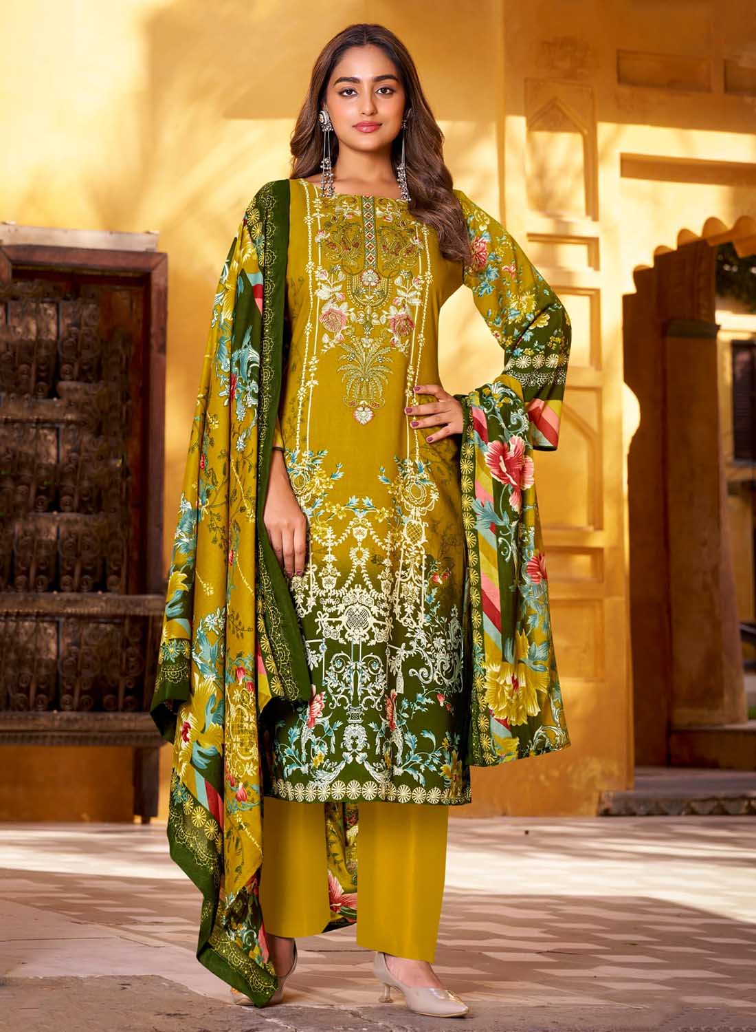 Mustard Green Pure Cotton Pakistani Print Unstitched Salwar Suit Material
