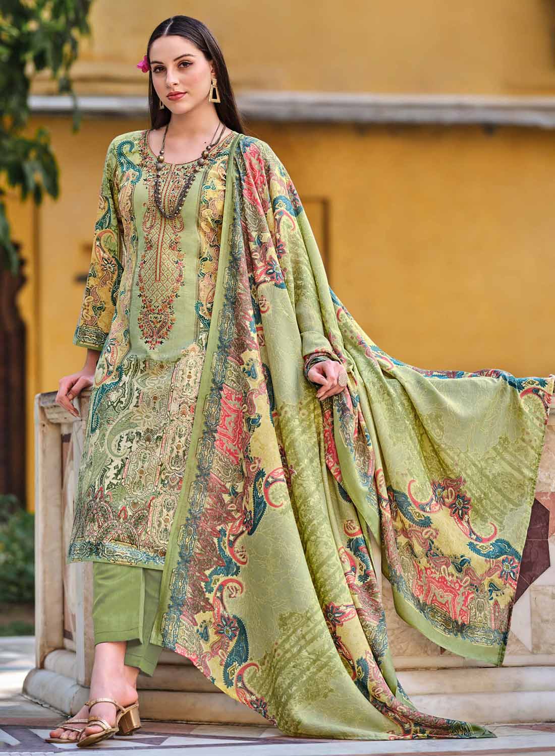 Pakistani Style dress Cotton Olive Green Printed Set main image 1