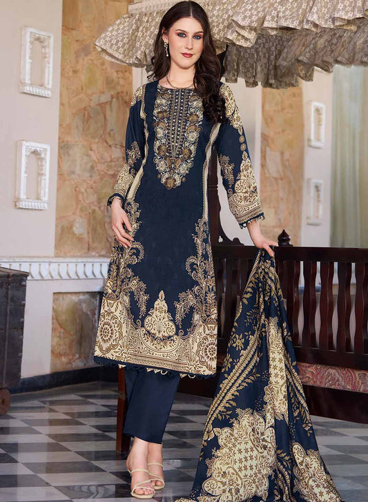 Pakistani Print Blue Unstitched Pure Cotton Suit Dress Material with Embroidery