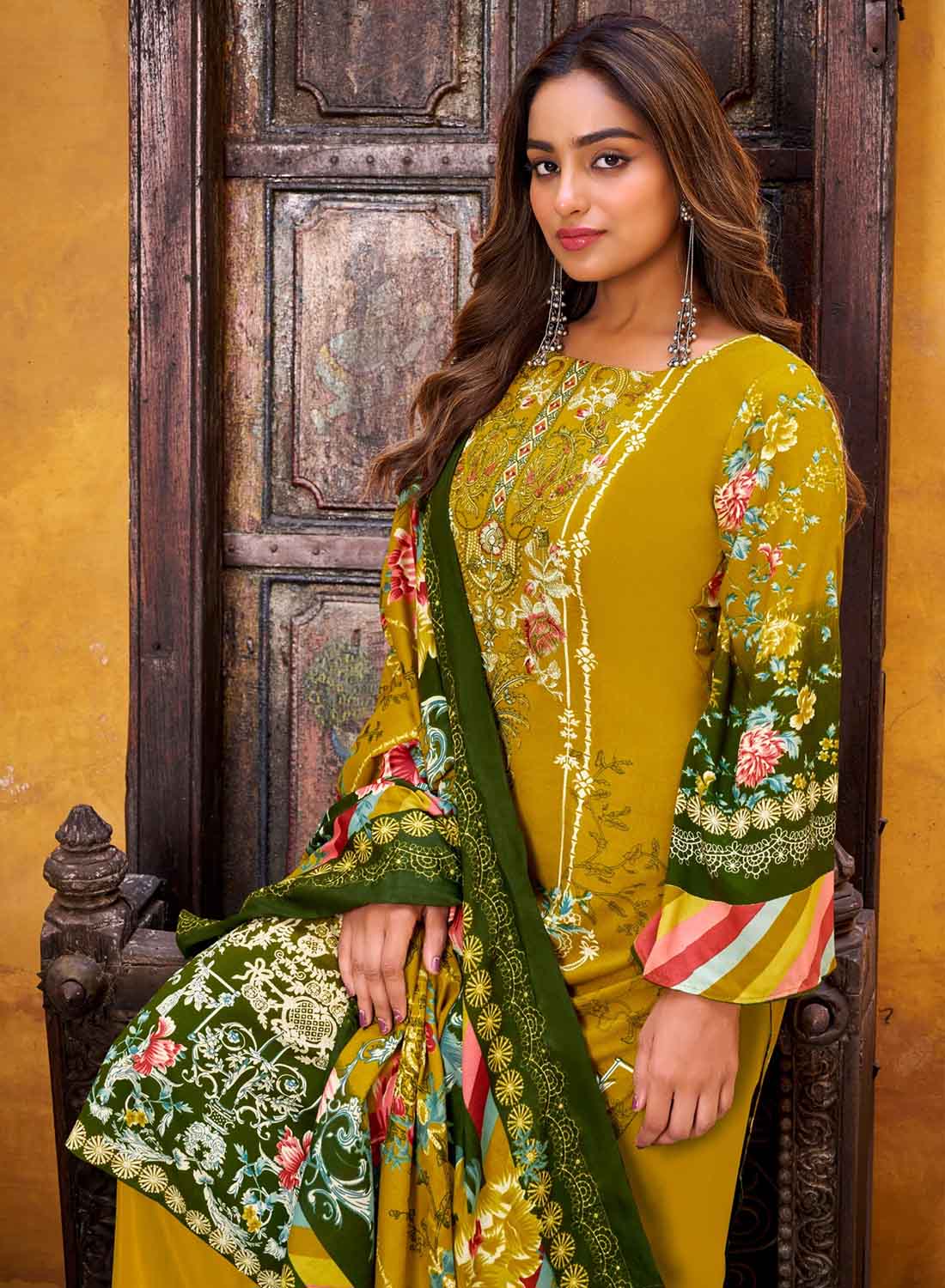 Mustard Green Pure Cotton Pakistani Print Unstitched Salwar Suit Material