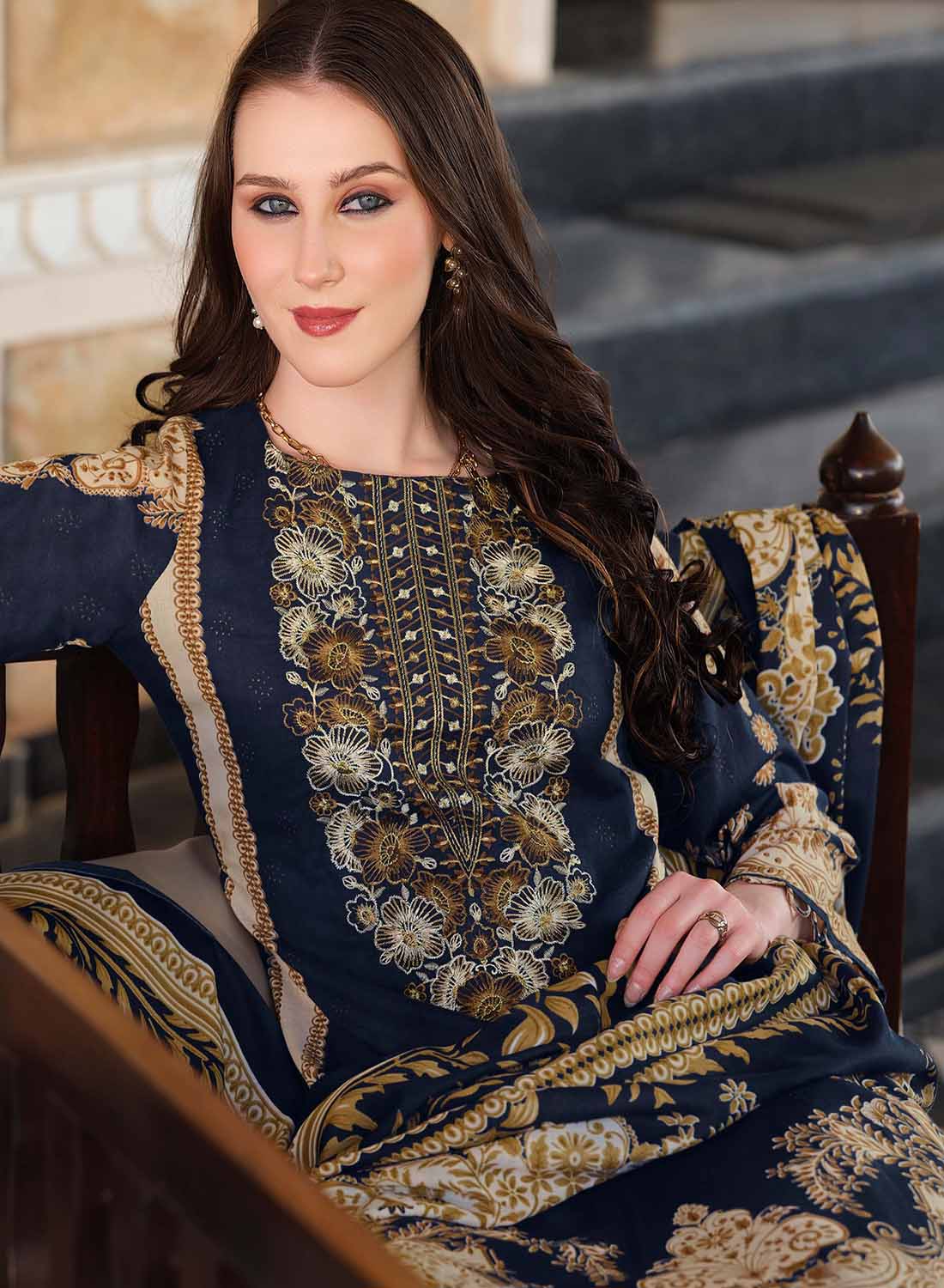 Pakistani Print Blue Unstitched Pure Cotton Suit Dress Material with Embroidery