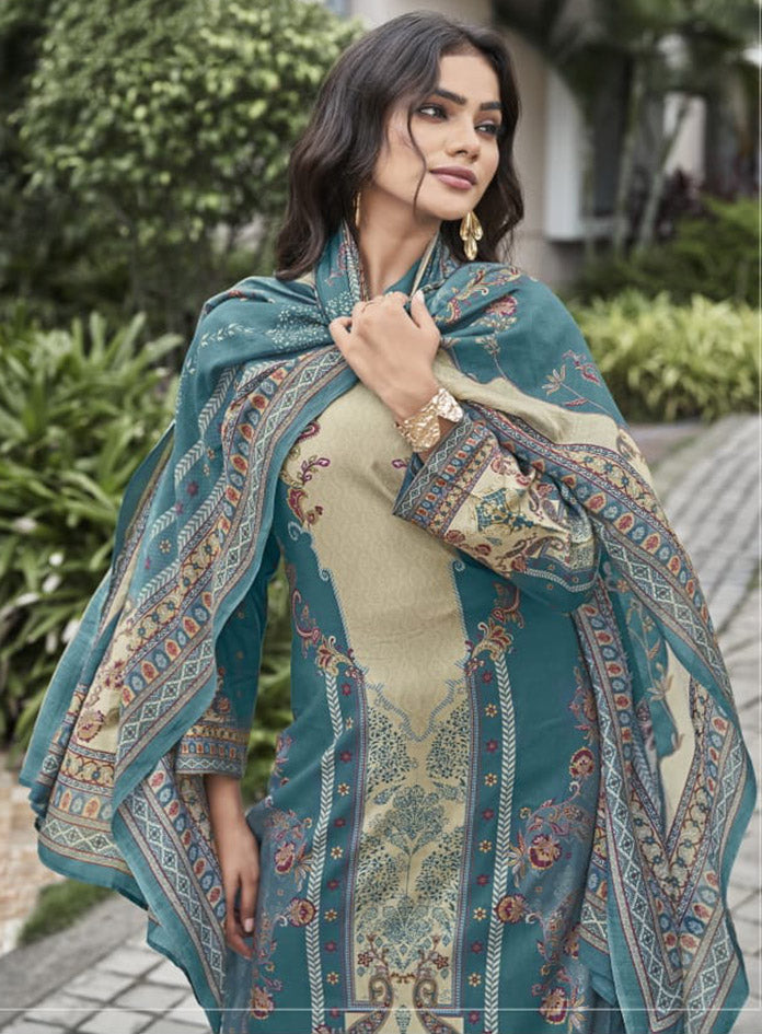 Teal Green Pashmina Unstitched Winter Suit Material with Muslin Dupatta