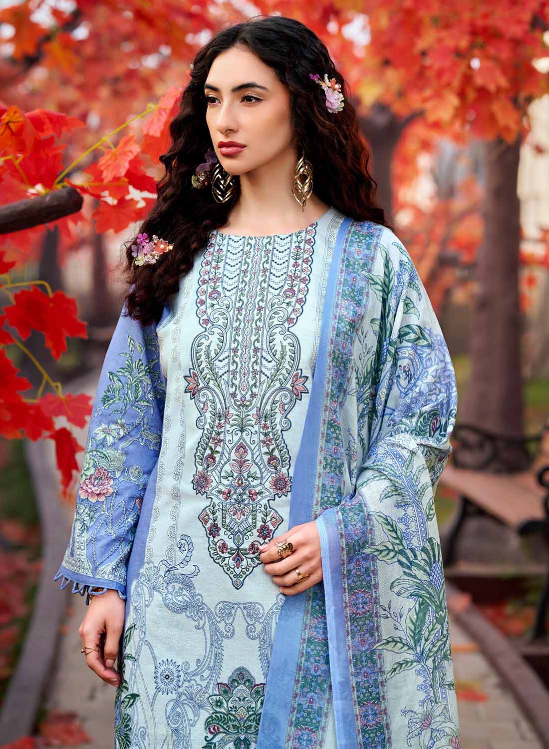 Pure Cotton Unstitched Pakistani Suit Dress Material with Embroidery Blue