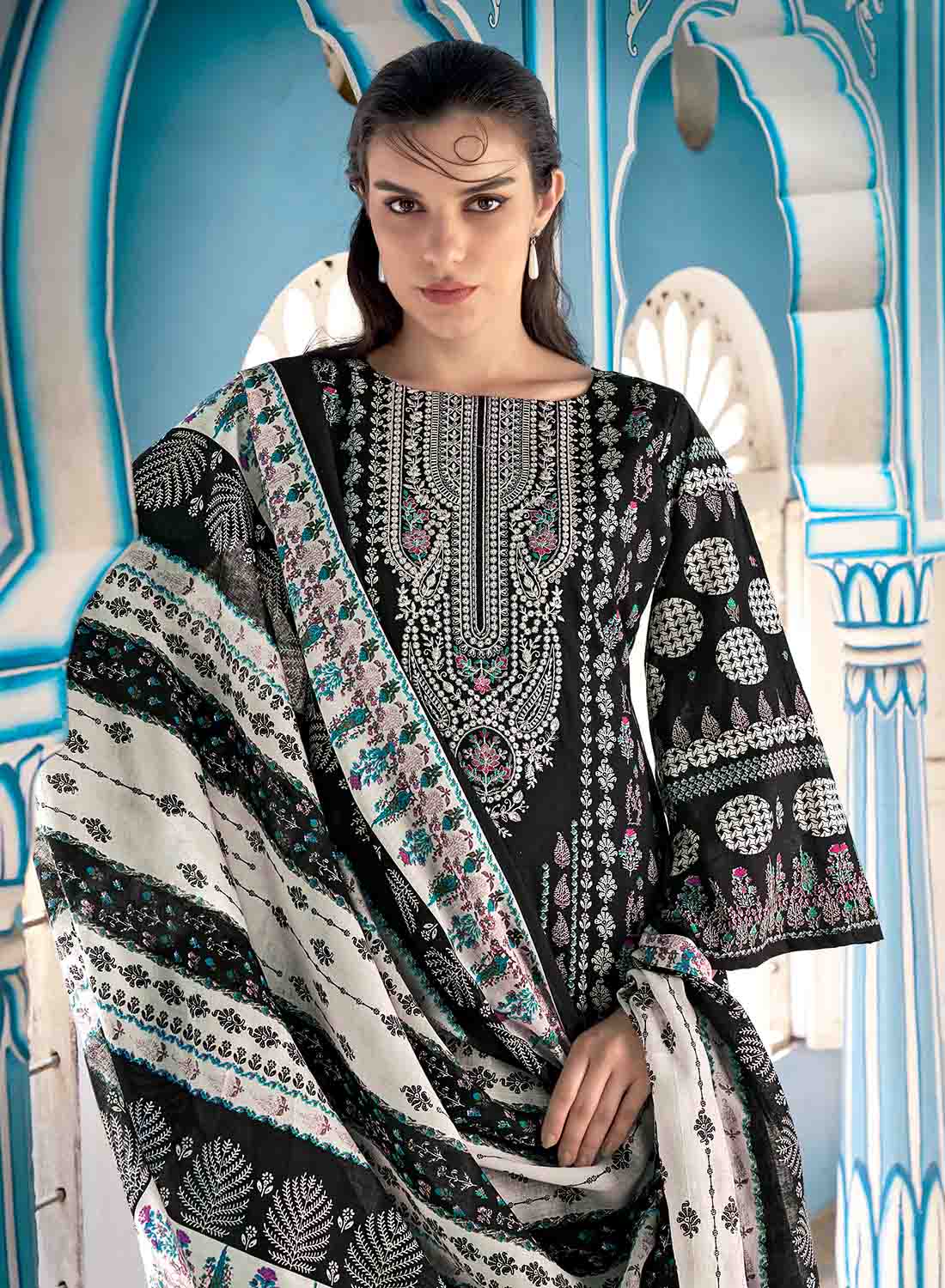 Women's Black Pakistani Print Unstitched Cotton Salwar Suit Material