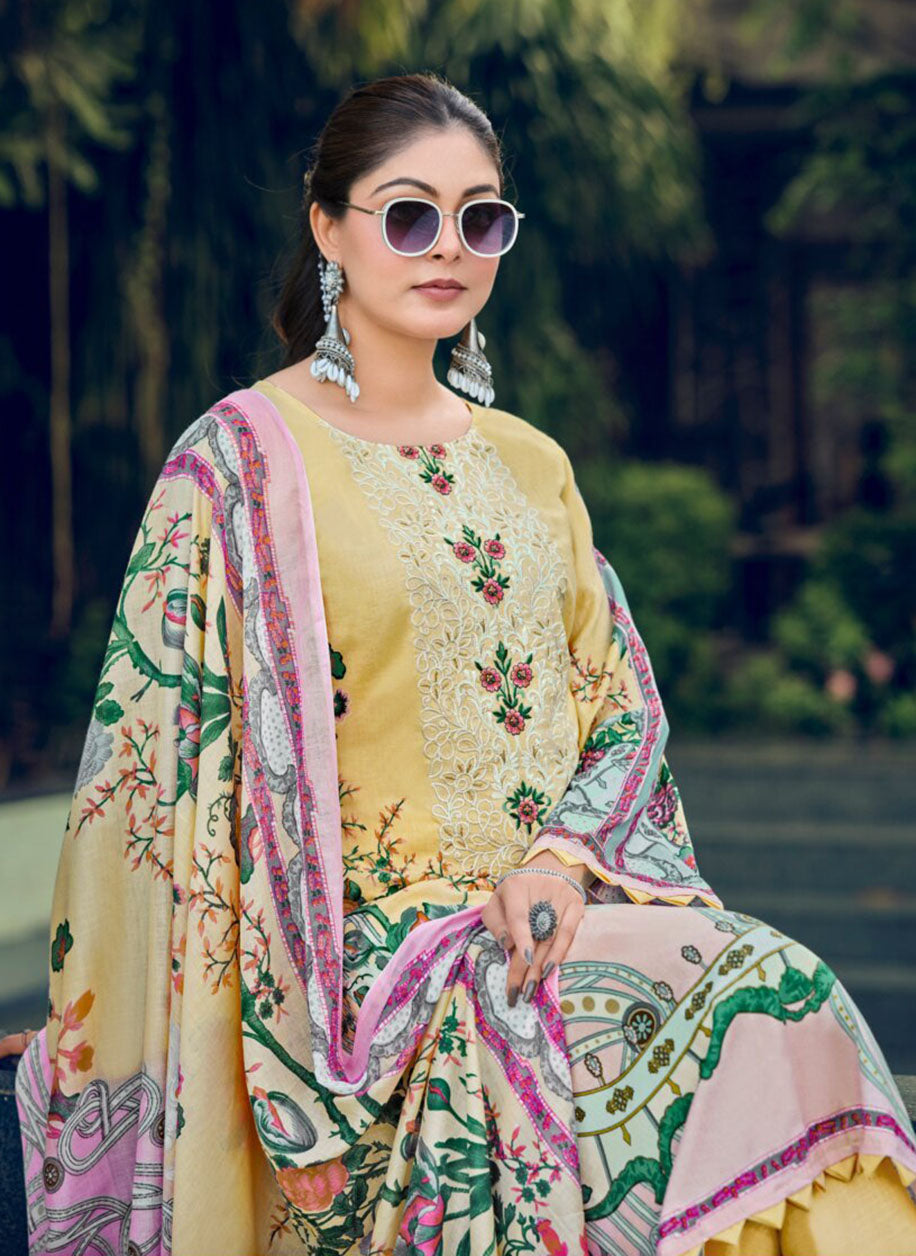 Pure Cotton Beige Pakistani Print Unstitched Suit Material with Embroidery