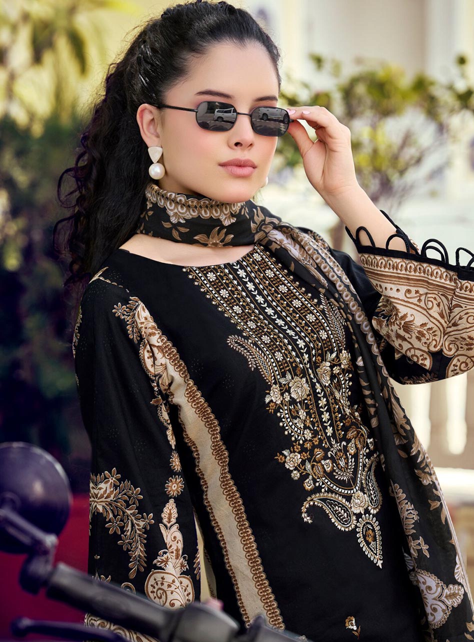 Black Pure Cotton Pakistani Print Unstitched Suit Material with Embroidery