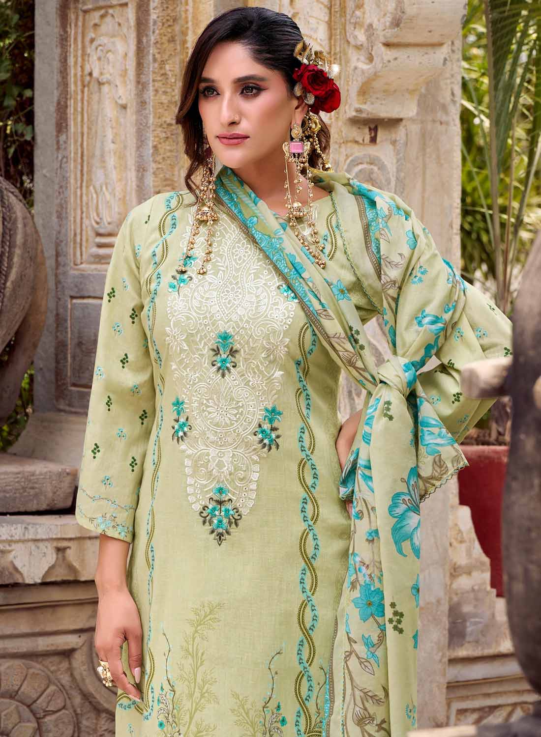 Green Pure Cotton Pakistani Print Unstitched Suit Set with Embroidery