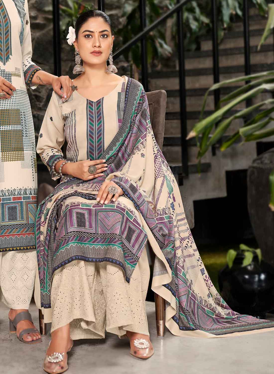 Beige Unstitched Pashmina Winter Woolen Suit Dress Material for Women