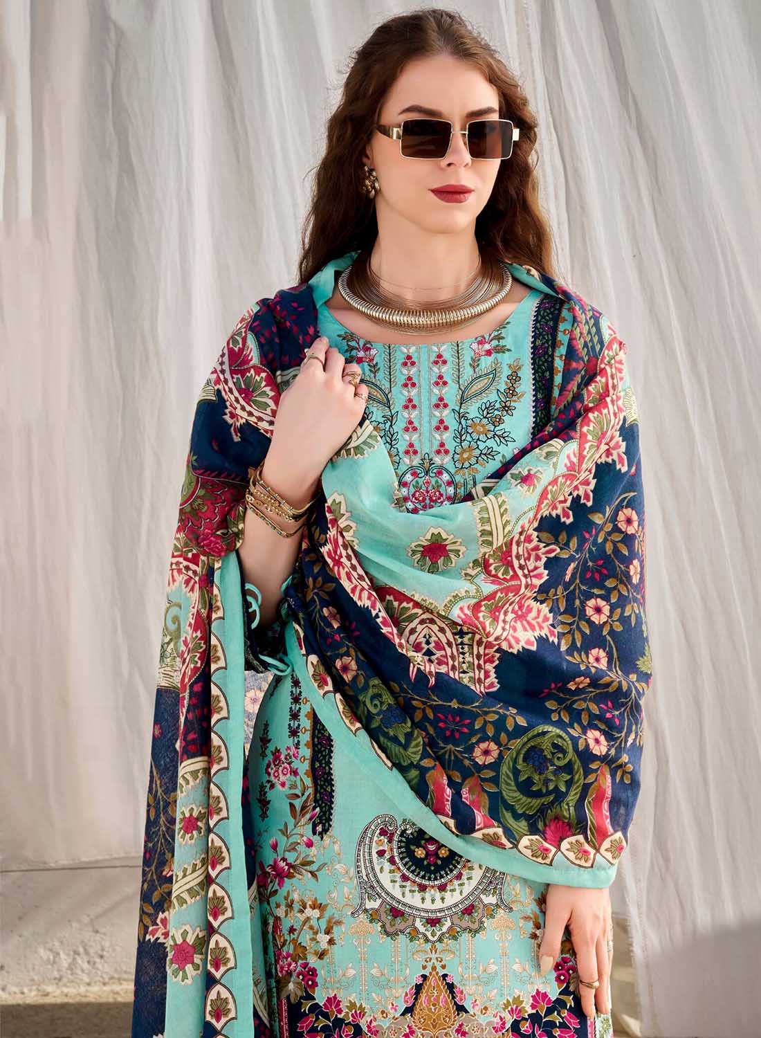 Pure Cotton Pakistani Print Unstitched Salwar Suit Material with Embroidery