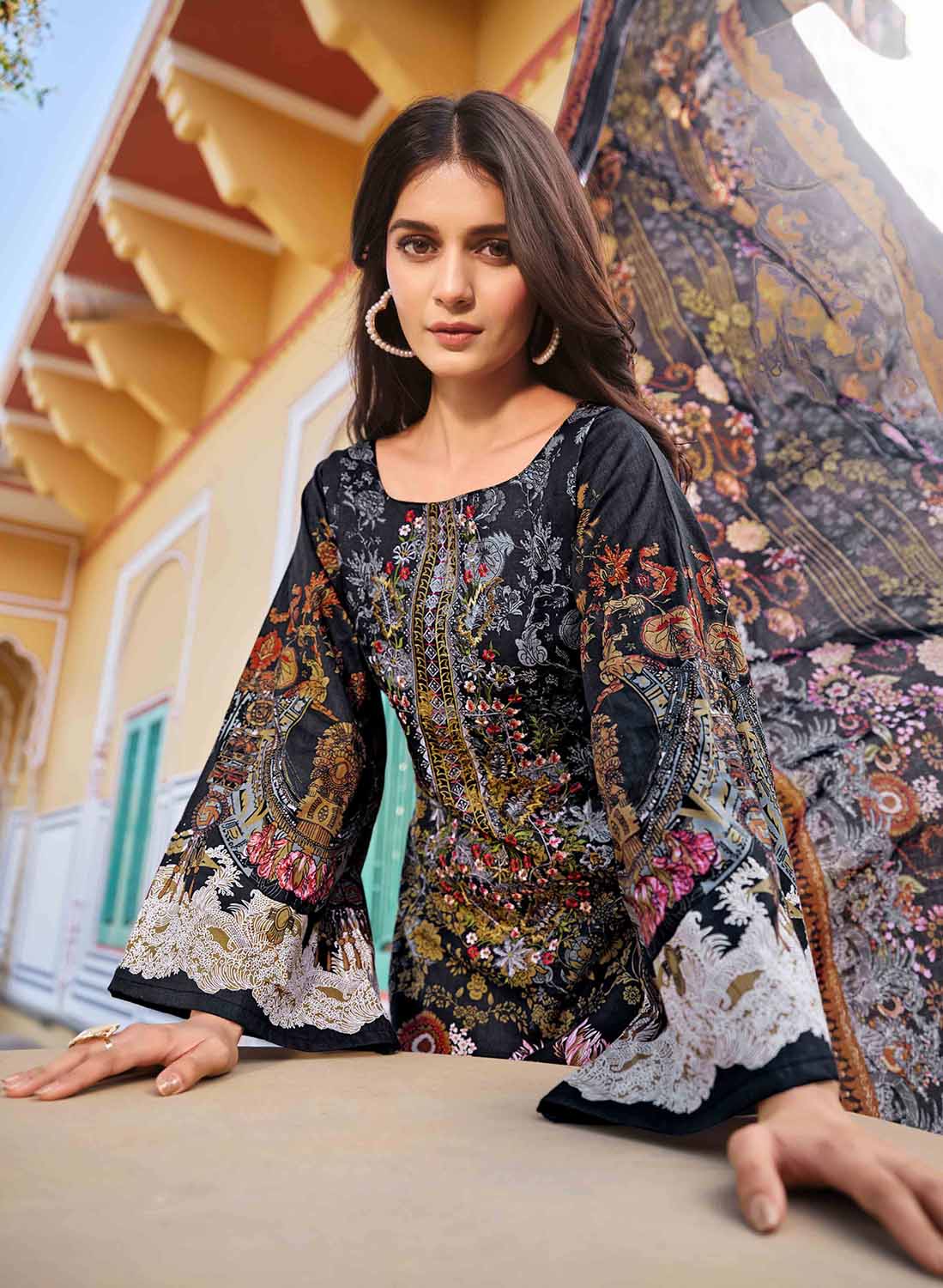 Belliza Pakistani Print Black Unstitched Women Cotton Suit Material Belliza