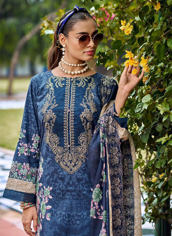 Pure Cotton Pakistani Suit Blue Unstitched Material with Embroidery Patch