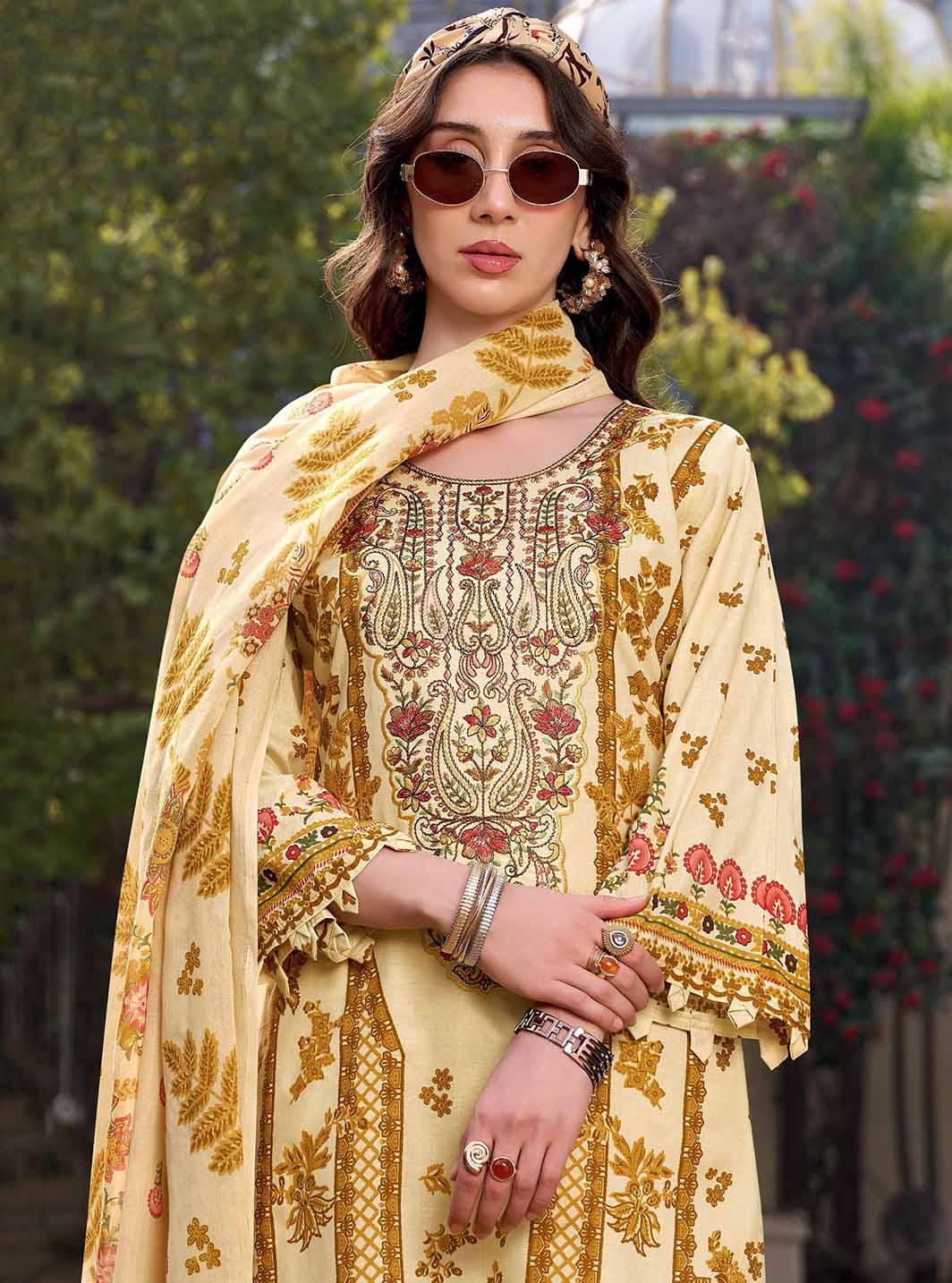 Pakistani Print Pure Cotton Beige Unstitched Suit Material with Embroidery